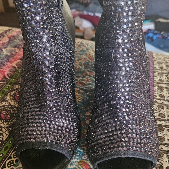 Gorgeous, Ink Blue, Sequined, Peep Toe, Ankle Boots - Picture 2 of 11
